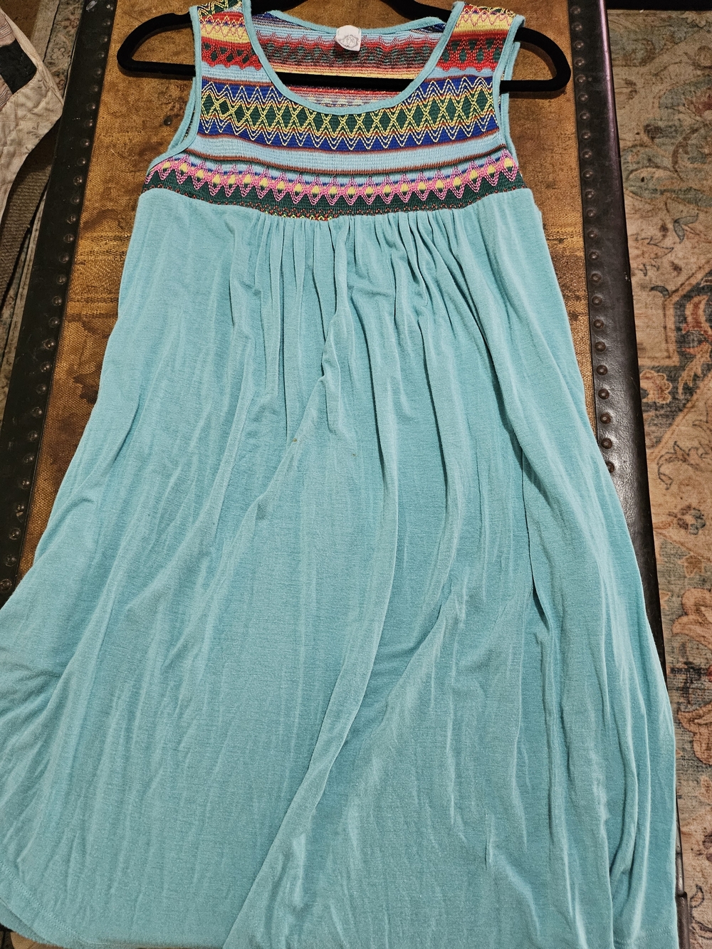 Sleeveless Aqua Dress with Colorful Embroidered Yoke